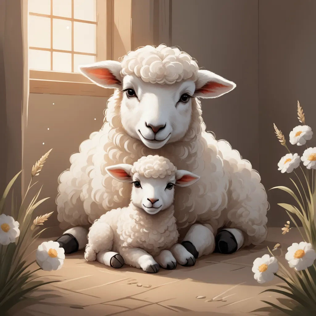 a painting of a sheep and its baby sitting in a room with flowers and grass around it, with a window behind it, fantasy art, a storybook illustration, Cyril Rolando, storybook illustration