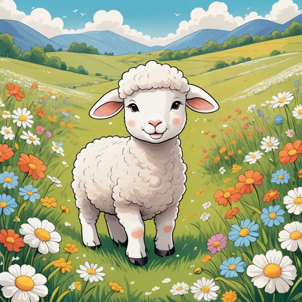 a sheep standing in a field of flowers and daisies with a mountain in the background with clouds in the sky, naive art, a storybook illustration, Evaline Ness, promotional image