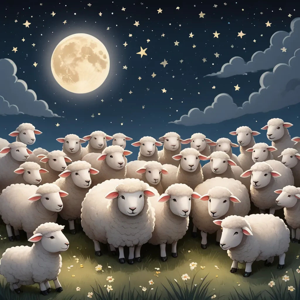 a herd of sheep standing on a lush green field under a full moon filled sky with stars and clouds, pop surrealism, a storybook illustration, Chiho Aoshima, storybook illustration