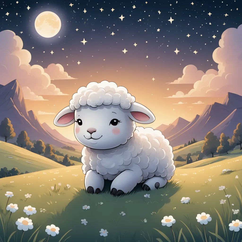 a cartoon sheep sitting in a field with a full moon in the background and stars in the sky above, fantasy art, a storybook illustration, Chris LaBrooy, storybook illustration
