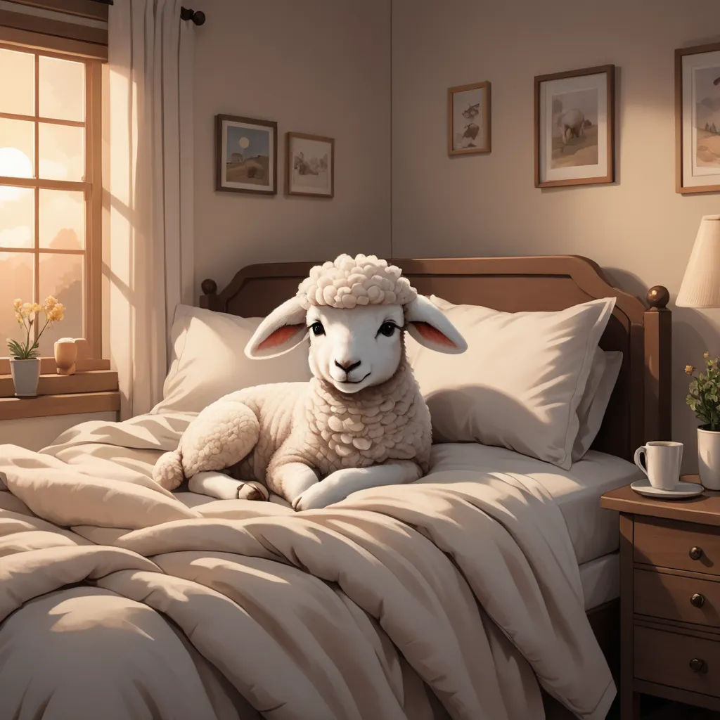 a sheep sitting on a bed in a bedroom with a window and a lamp on the side of the bed, american scene painting, a storybook illustration, Chris LaBrooy, cgstudio