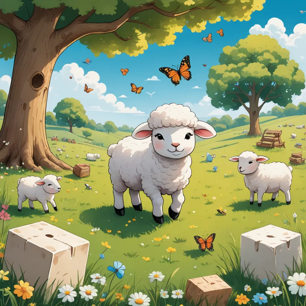 a sheep and two lambs in a field with butterflies and flowers around it, with a butterfly flying above, pop surrealism, a storybook illustration, Chris LaBrooy, storybook illustration