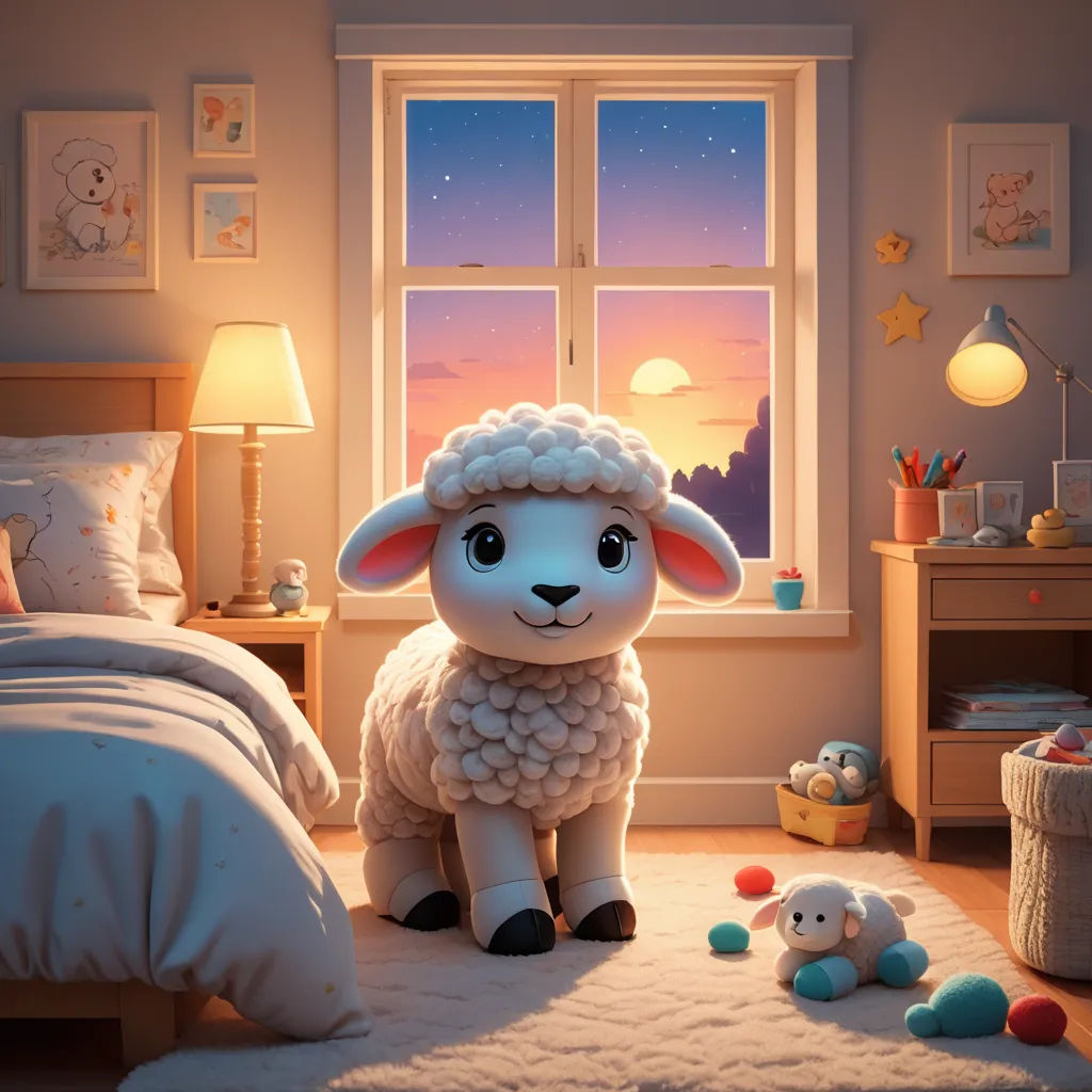 a sheep sitting on a bed in a bedroom with a window and a teddy bear on the floor next to it, photorealism, a storybook illustration, Chris LaBrooy, vray render