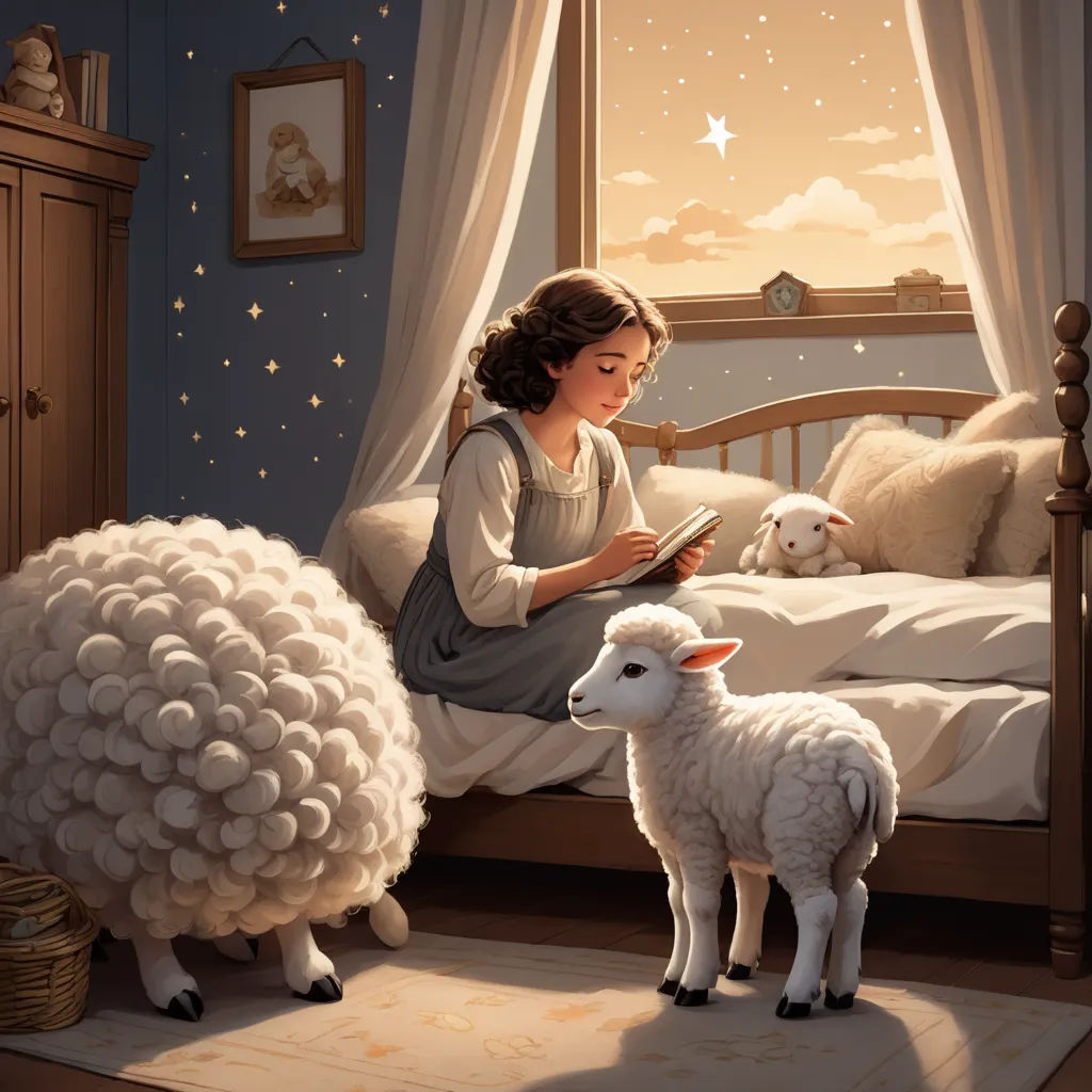 a little girl sitting on a bed reading a book to a sheep in a bedroom with a window and a star filled sky, fantasy art, a storybook illustration, Chris LaBrooy, storybook illustration