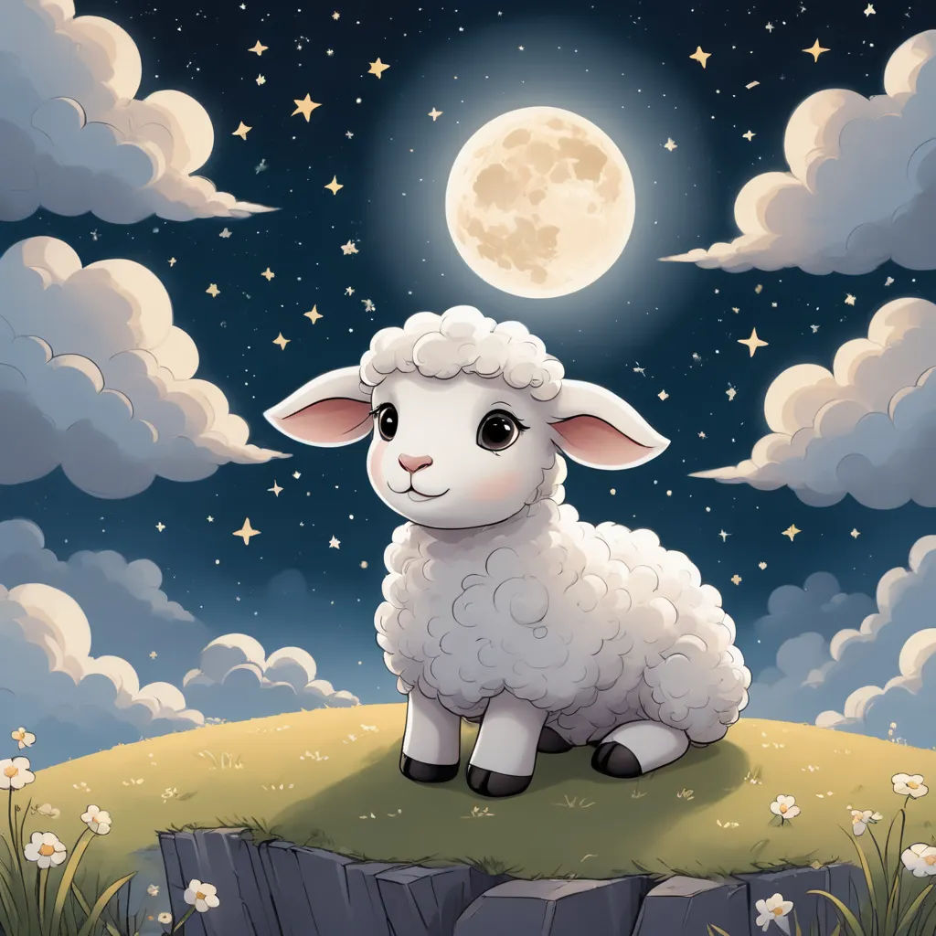 a sheep sitting on a hill under a full moon with clouds and stars in the sky above it, with a full moon in the background, pop surrealism, a storybook illustration, Chris LaBrooy, storybook illustration