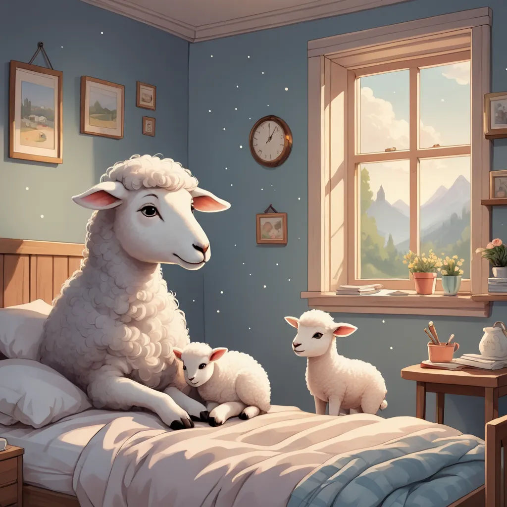 a sheep and two lambs are sitting on a bed in a room with a window and a clock, lyco art, a storybook illustration, Chris LaBrooy, storybook illustration