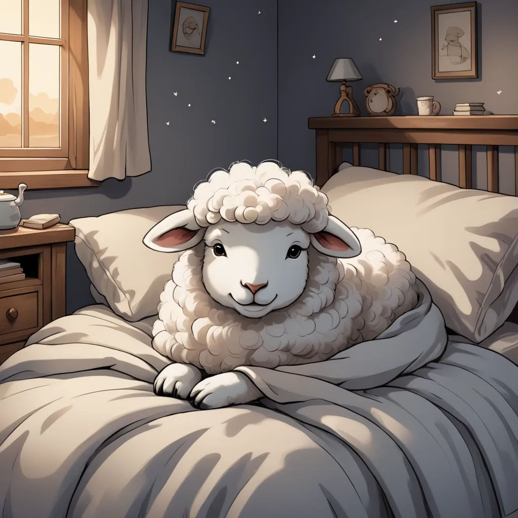 a sheep is laying on a bed in a room with a window and a night stand with a lamp, furry art, a storybook illustration, Clarice Beckett, storybook illustration