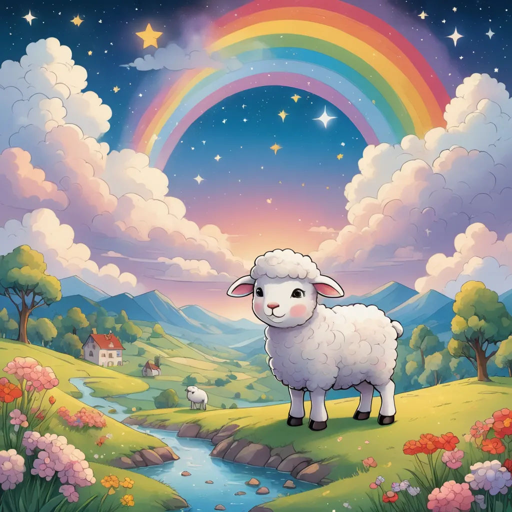a sheep standing on a hill with a rainbow in the background and a stream running through it, with a house in the foreground, pop surrealism, a storybook illustration, Chris LaBrooy, storybook illustration
