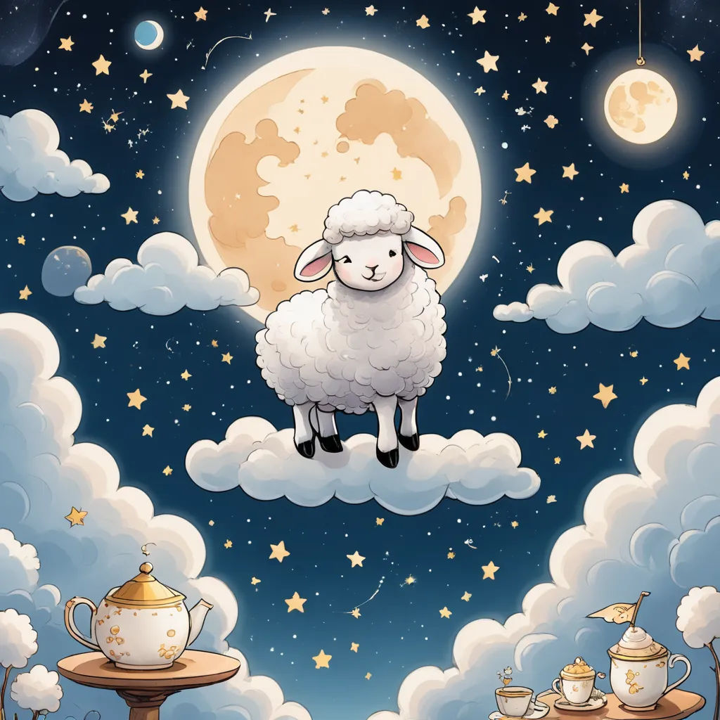 a sheep is sitting on a cloud with a teapot and a teapot on a tray in front of a full moon, pop surrealism, a storybook illustration, Chris LaBrooy, storybook illustration