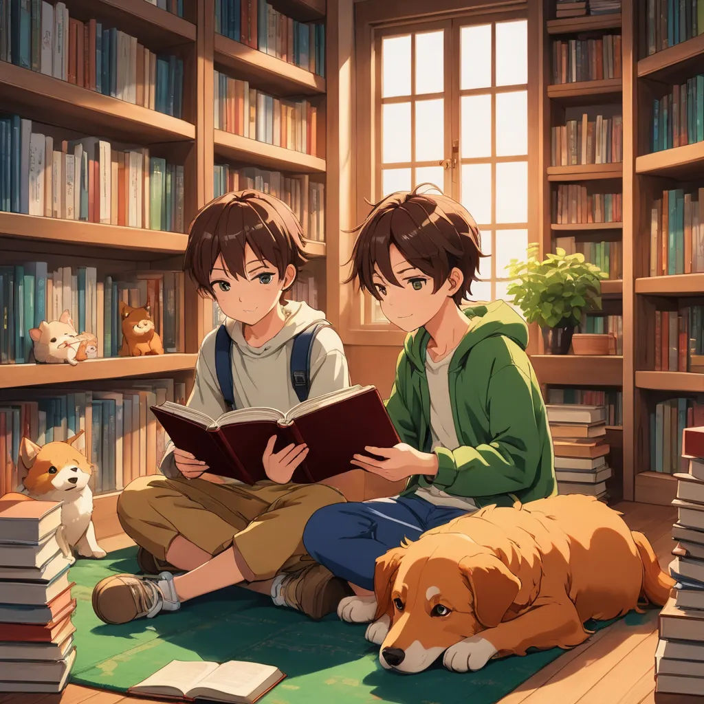 two people sitting on the floor reading a book with a dog laying on the floor next to them in front of them, sots art, concept art, Anne Said, official art