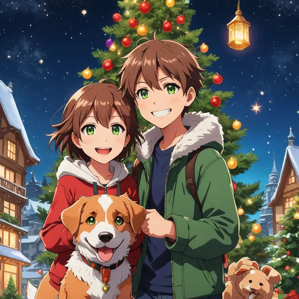 a couple standing next to a dog in front of a christmas tree with a dog on his lap and a christmas tree in the background, sots art, poster art, Ai-Mitsu, official art