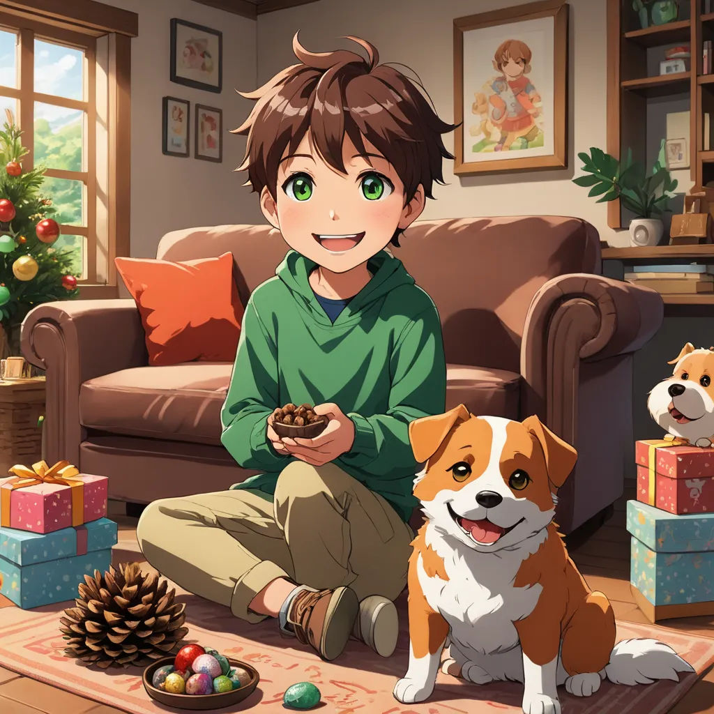a boy sitting on the floor with a dog and a dog looking at him with a smile on his face, sots art, a fine art painting, Dan Content, official art