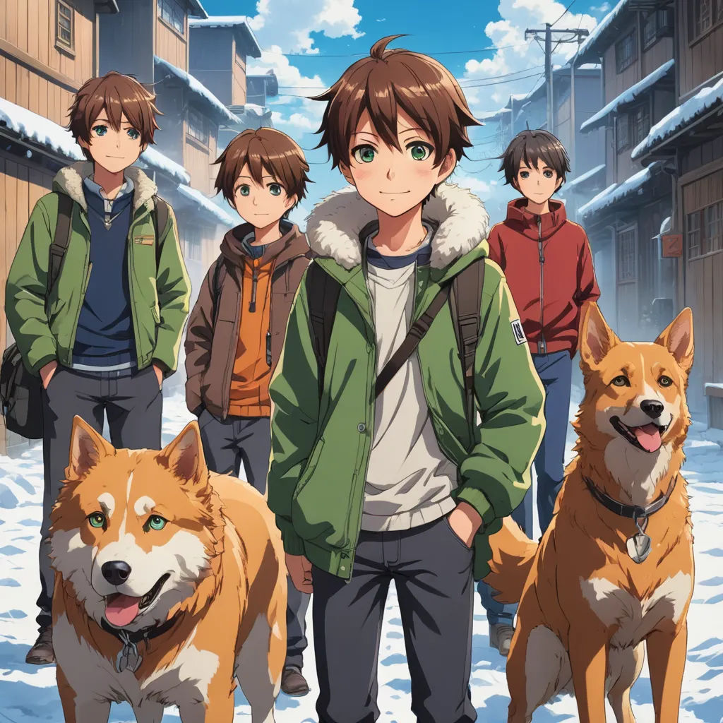 a group of people standing next to two dogs in the snow with buildings in the background and snow covered ground, sots art, poster art, David Budd, anime key visual