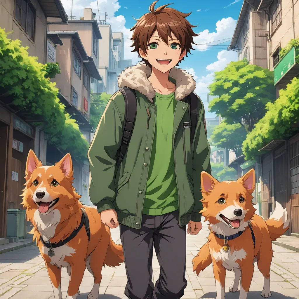 a man standing next to two dogs on a street with buildings in the background and a sky background with clouds, sots art, concept art, Adam Manyoki, official art