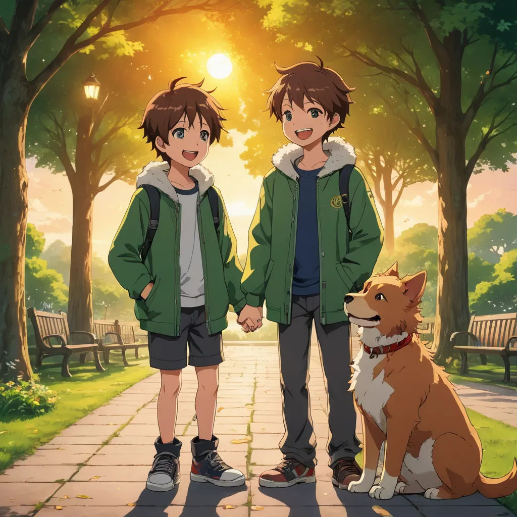 two boys standing next to a dog in a park with trees and benches in the background, with the sun shining through the trees, sots art, concept art, Adam Manyoki, official art