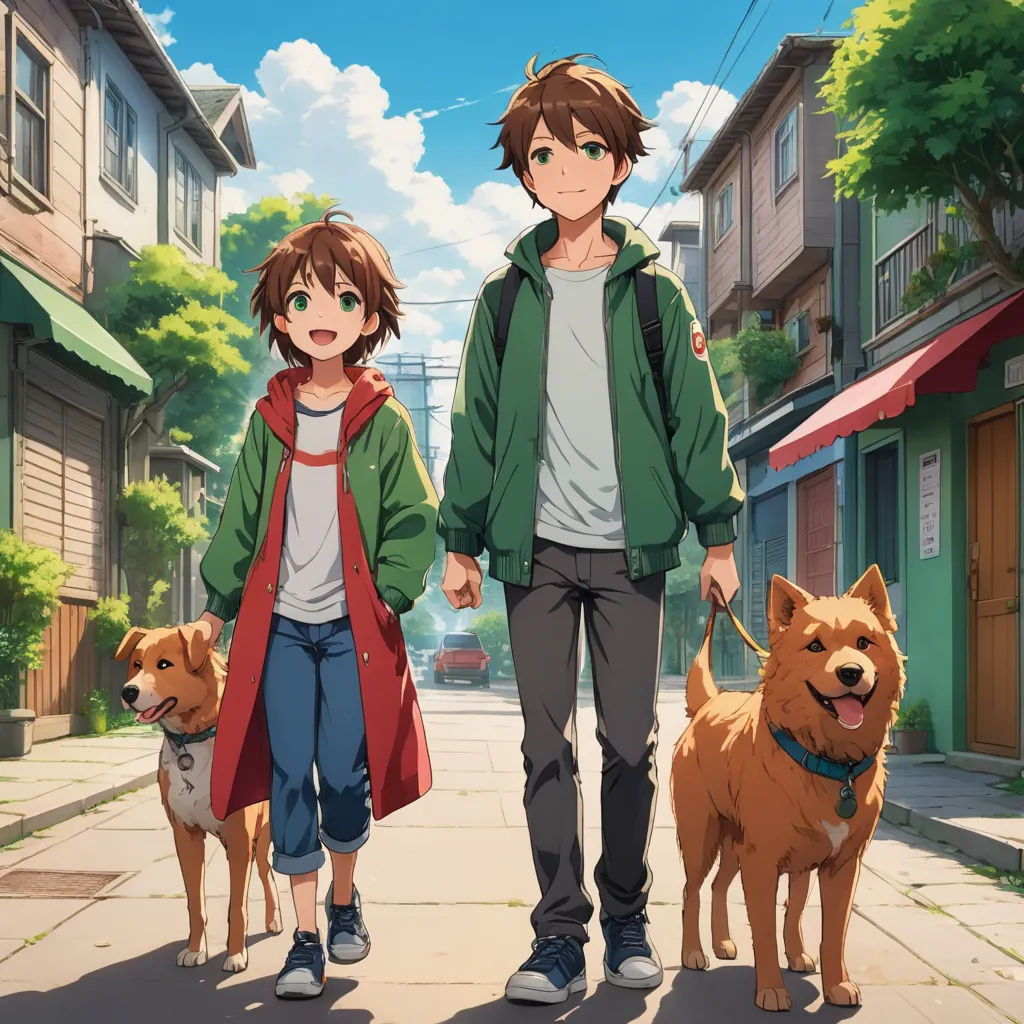 a man and a woman walking two dogs down a street in front of a row of houses with a dog on a leash, rayonism, concept art, Ai-Mitsu, official art
