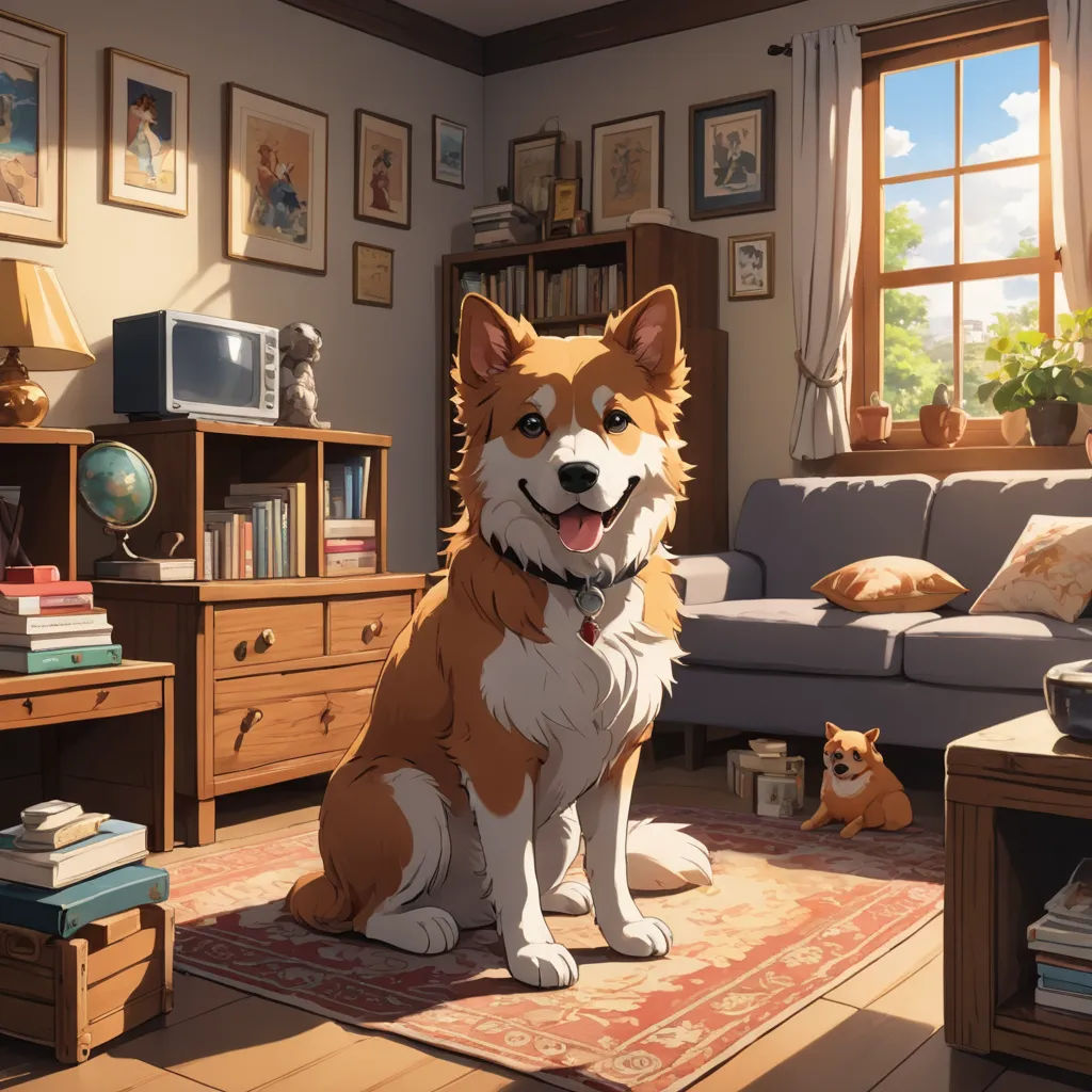 a dog sitting on a rug in a living room with a couch and a table with a dog on it, sots art, poster art, Chris LaBrooy, official art