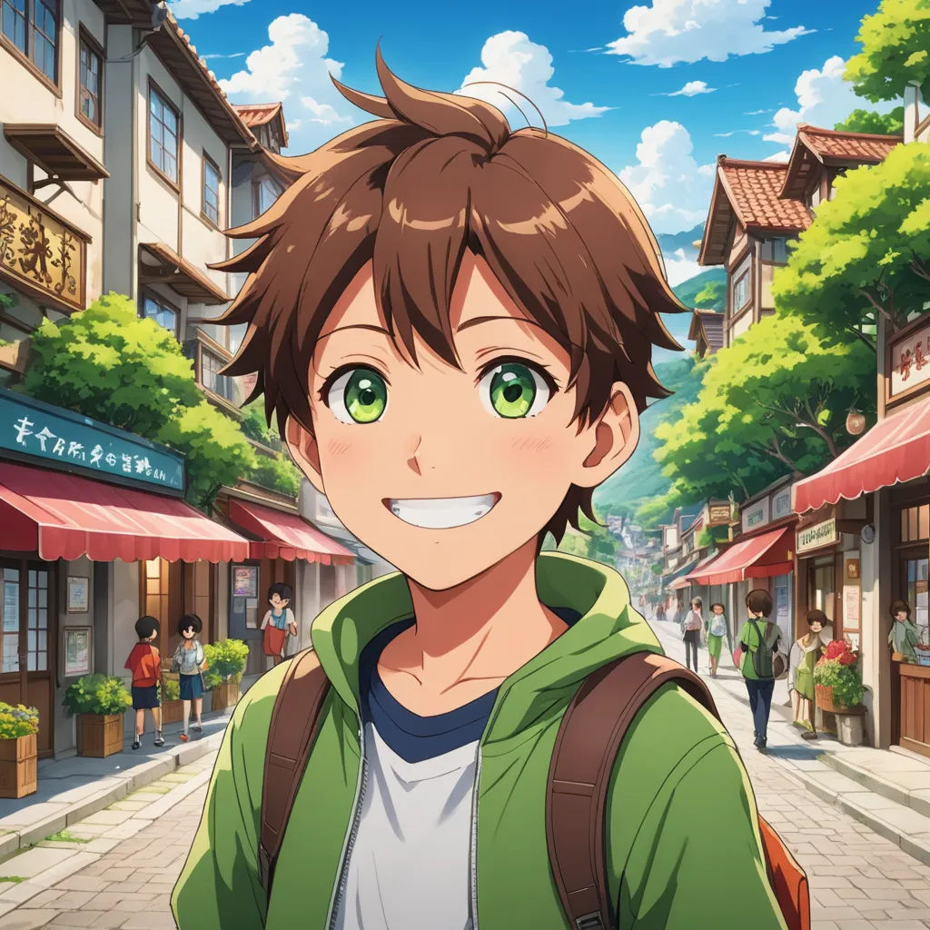 a young man with green eyes and a backpack on a street in front of a building with a red awning, sots art, concept art, Adam Manyoki, official art