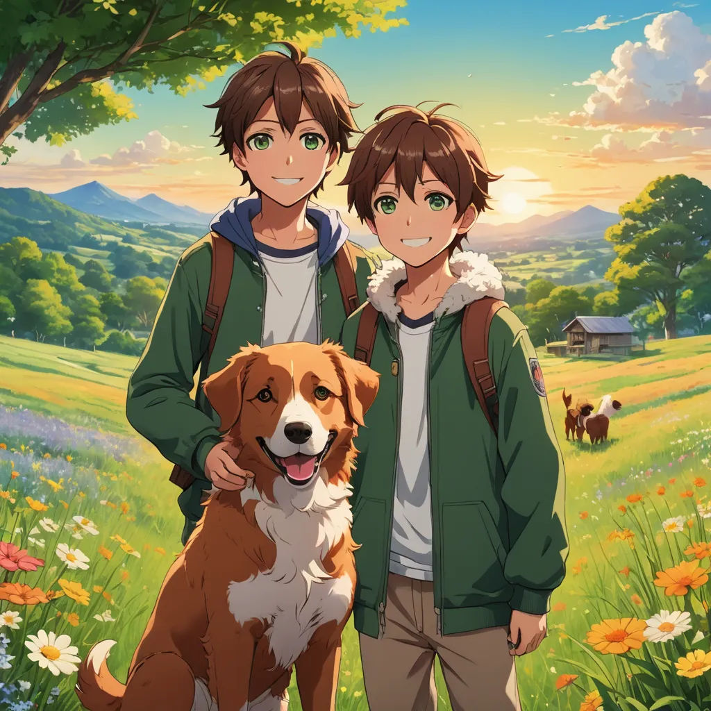 a couple of people standing next to a dog on a field of flowers and grass with a dog in front of them, environmental art, concept art, Anne Said, official art