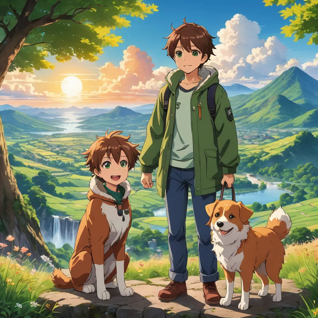a man and a dog standing in front of a tree with a mountain in the background and a river running through it, sots art, poster art, Ai-Mitsu, anime key visual