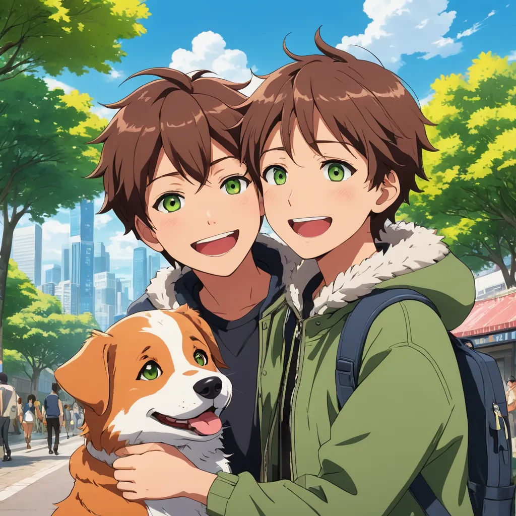 a couple of people that are holding a dog in their hands and a dog in front of them with a city in the background, sots art, concept art, Adam Manyoki, official art