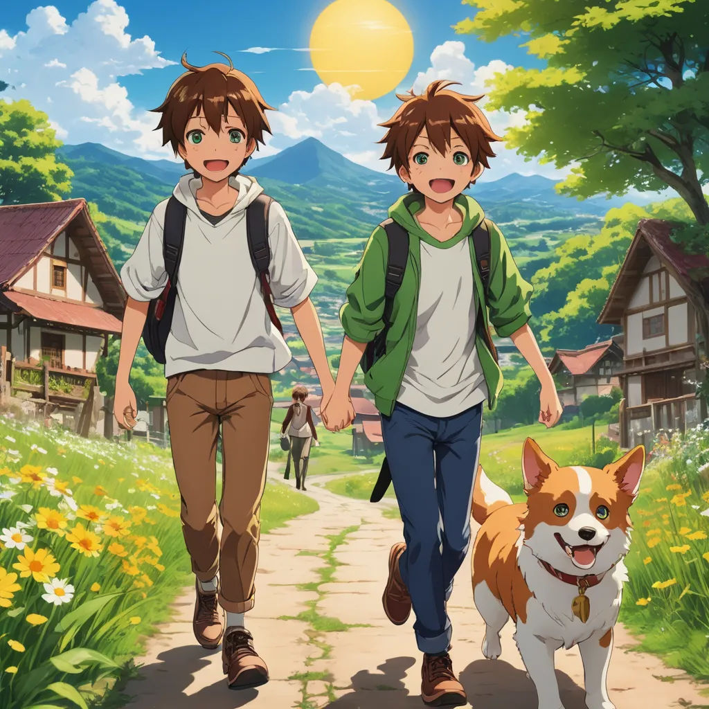 two people walking down a path with a dog on a leash next to them and a house in the background, rayonism, a poster, Dan Content, anime key visual