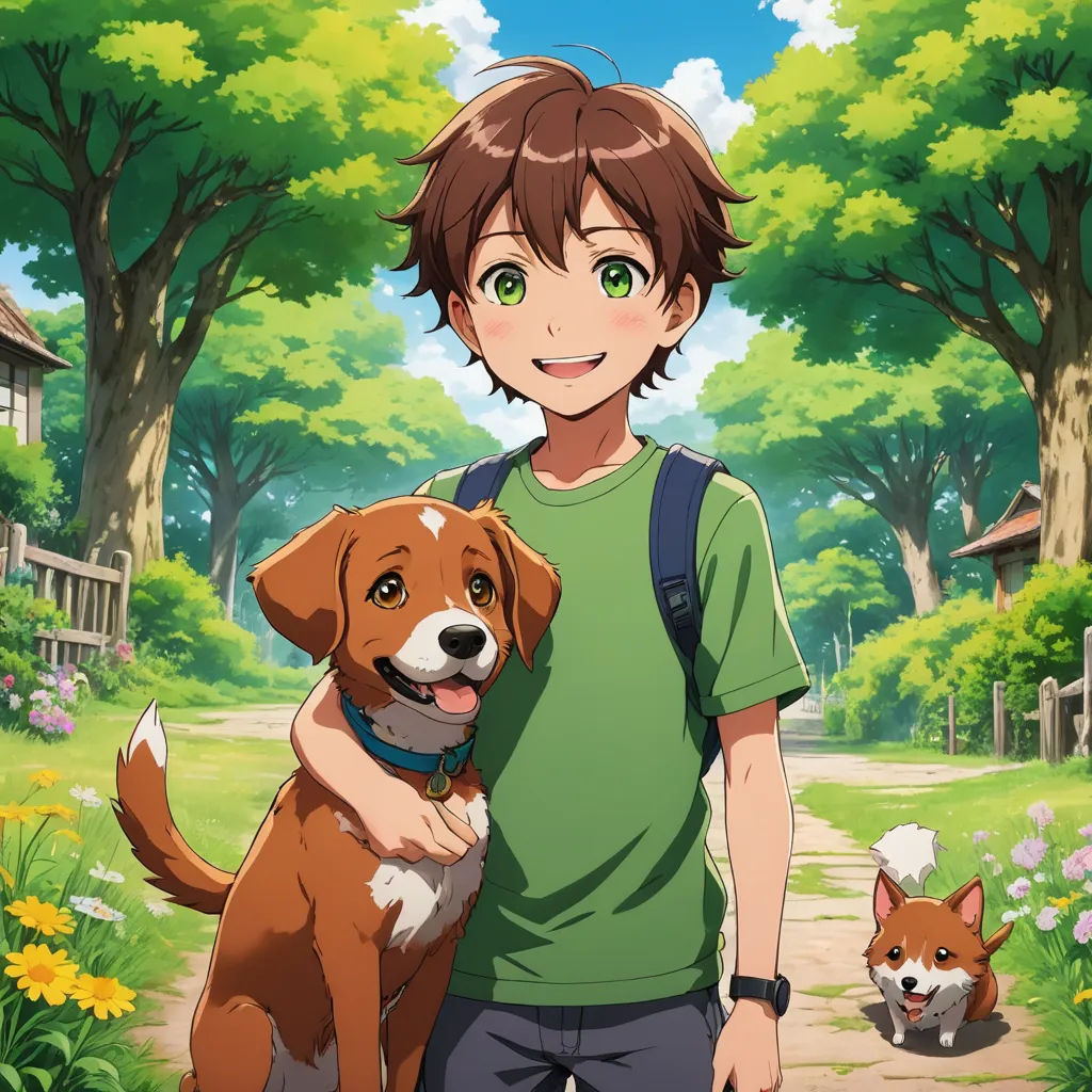 a boy holding a dog in a park with a dog on his lap and another dog in the background, sots art, concept art, Adam Manyoki, anime key visual