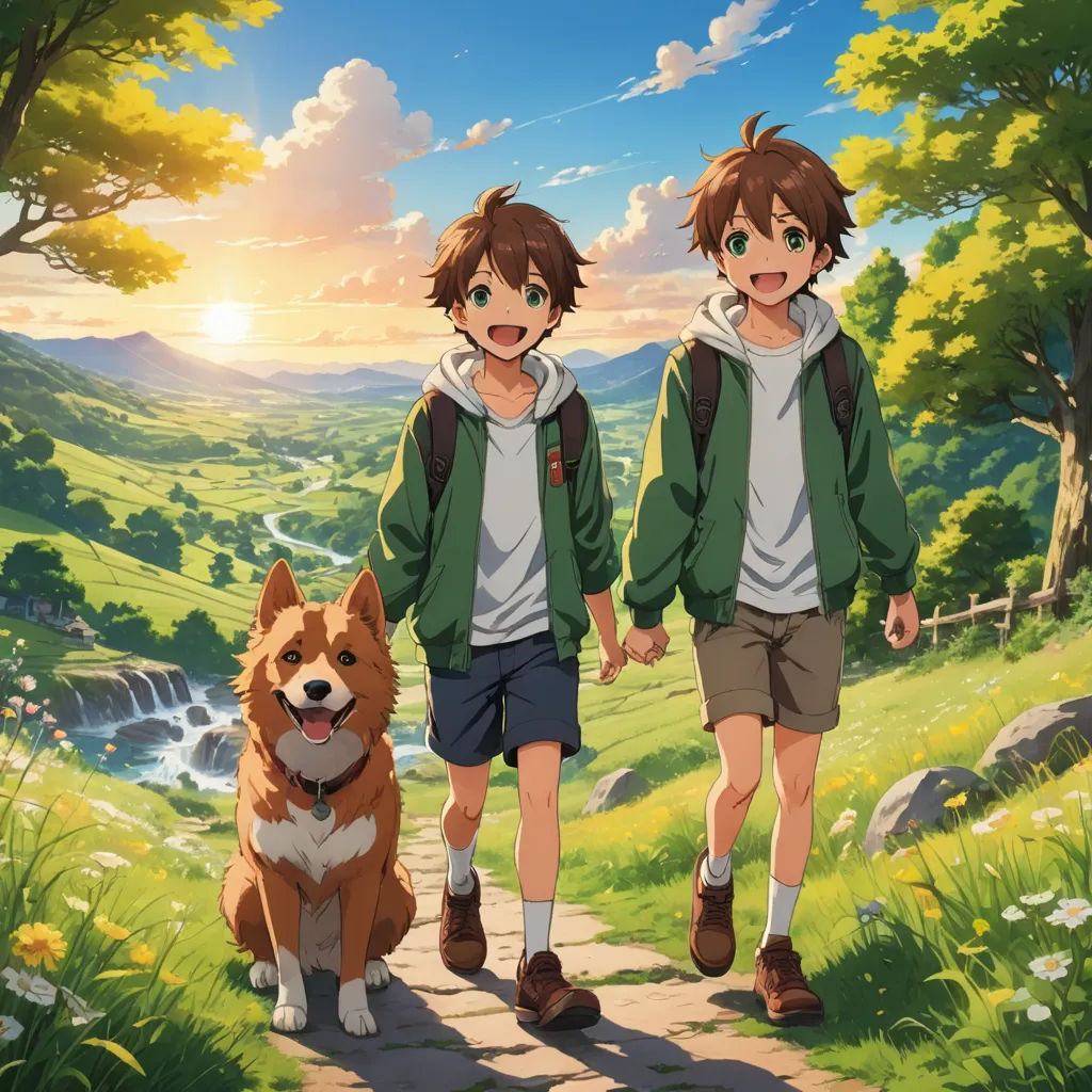 two people walking down a path with a dog on a leash next to them and a mountain in the background, sots art, poster art, Anne Said, anime key visual