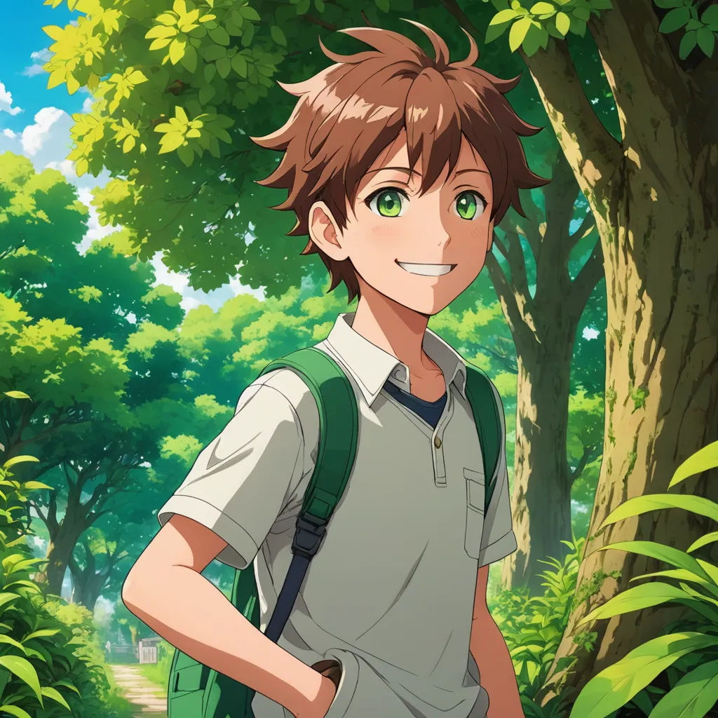 a boy with a backpack standing in the woods with trees in the background and a forest in the foreground, sots art, a character portrait, Adam Manyoki, official art