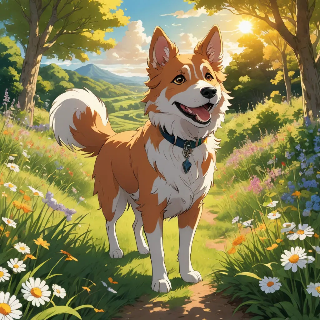 a dog standing on a dirt path in a field of flowers and trees with a sky background and sun shining through the trees, furry art, a comic book panel, Chris LaBrooy, official art