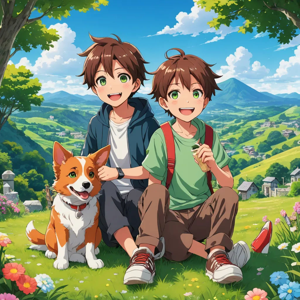 two people sitting on the ground with a dog and a cat in front of them, with a mountain in the background, sots art, concept art, Anne Said, official art