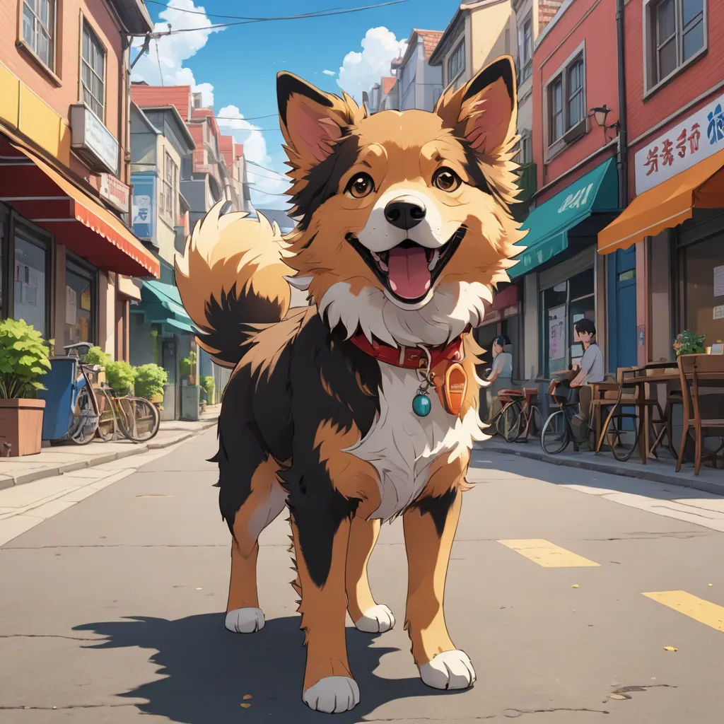 a cartoon dog standing on a city street with buildings in the background and a person sitting on a bench, sots art, concept art, Du Qiong, official art