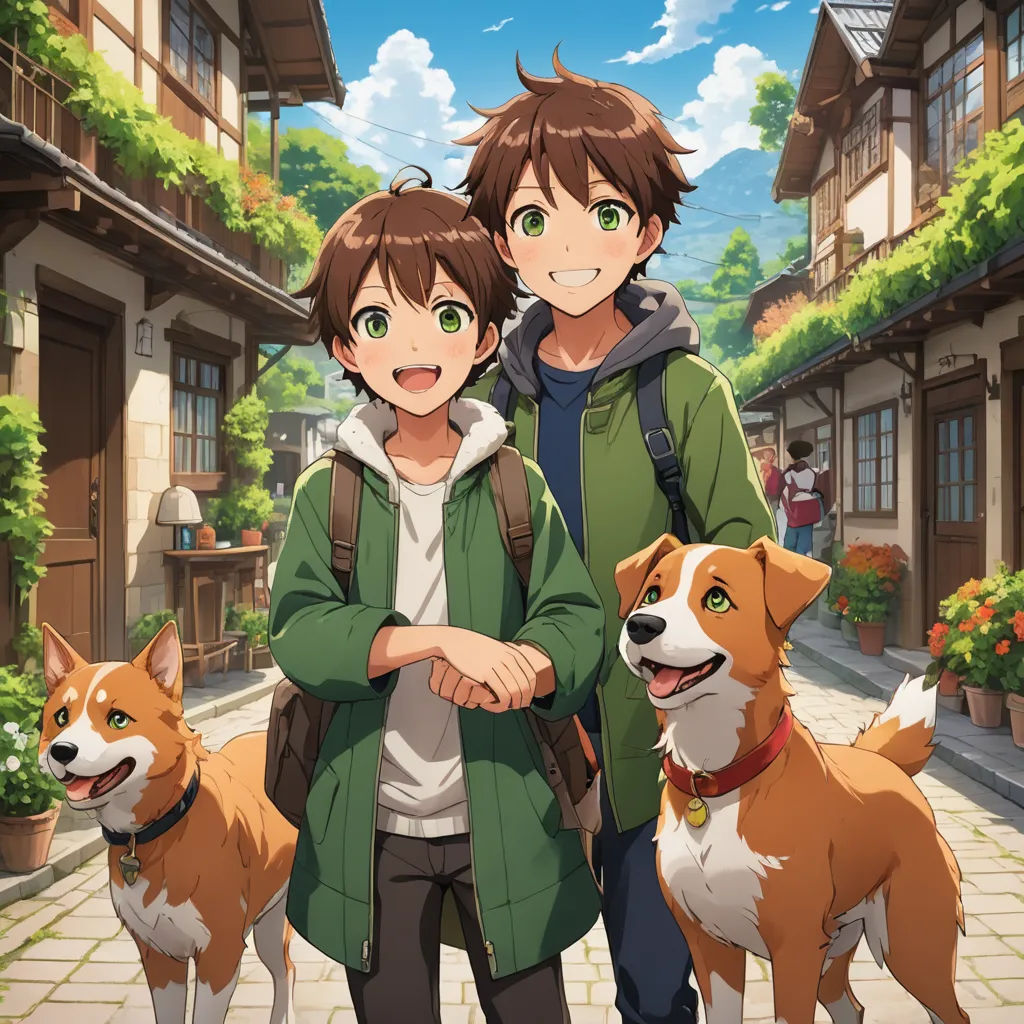 a couple of people standing next to two dogs on a street with buildings in the background and a dog on the ground, sots art, concept art, Anne Said, official art