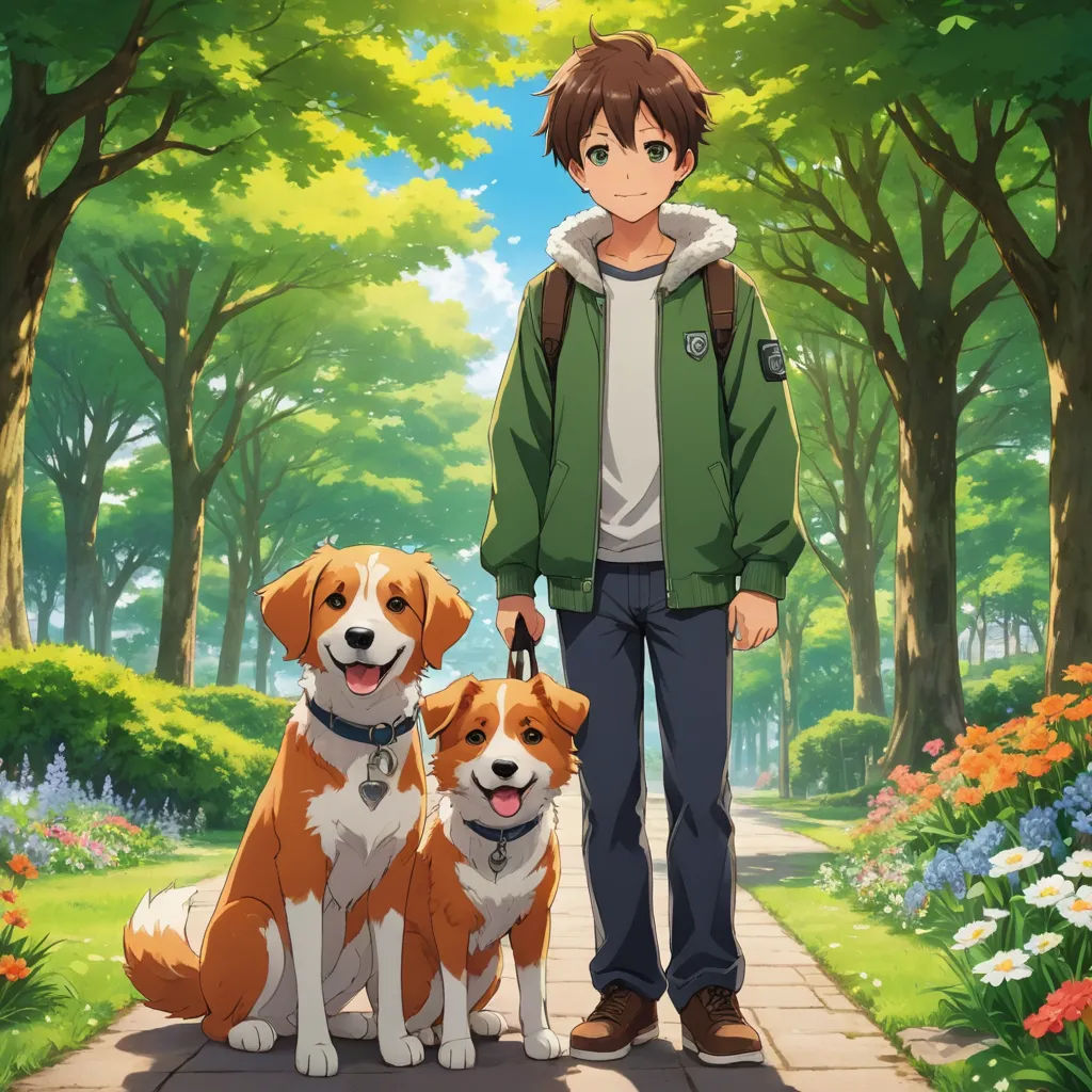 a boy and two dogs standing in a park with trees and flowers in the background, and a man in a green jacket and jeans, sots art, concept art, Dan Content, official art