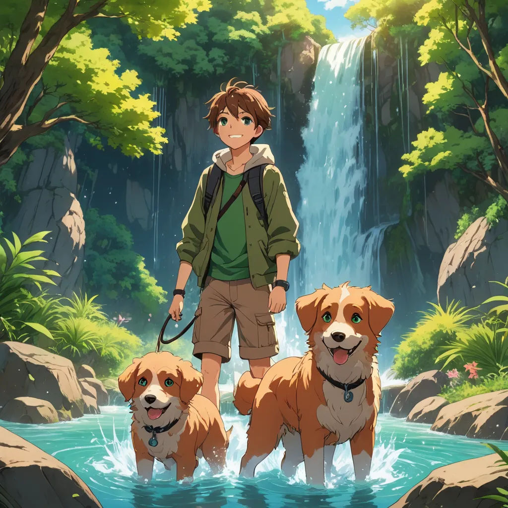 a boy and two dogs standing in a stream of water near a waterfall with a waterfall behind them and a waterfall behind them, furry art, concept art, Armin Hansen, official art