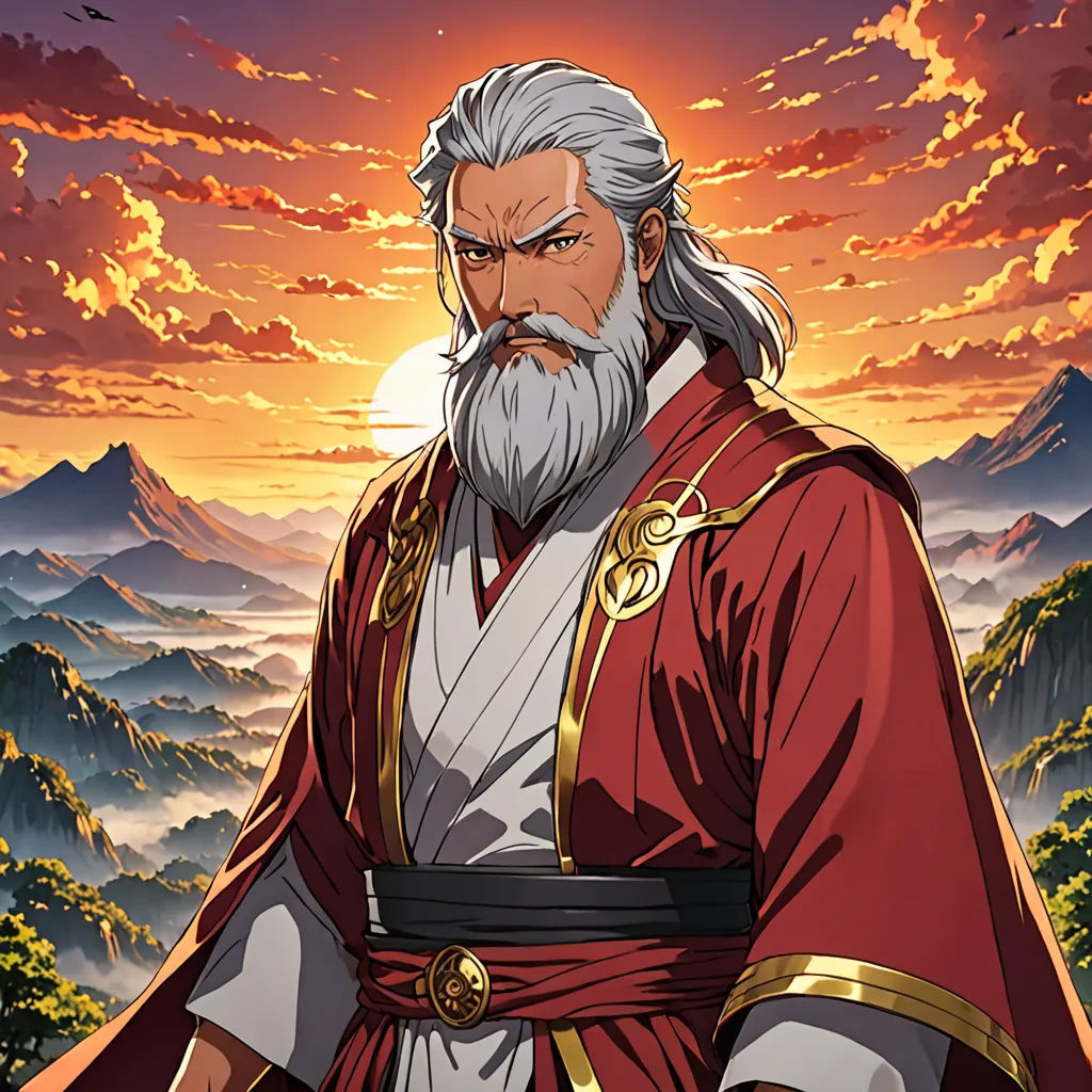 a man with a beard and a red robe standing in front of a mountain range with a sunset behind him, rayonism, a character portrait, Eizan Kikukawa, official art