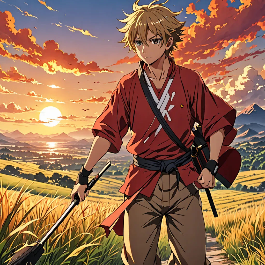 a man in a red shirt holding two swords in a field with a sunset in the background and a red sky, dau-al-set, poster art, Baiōken Eishun, official art