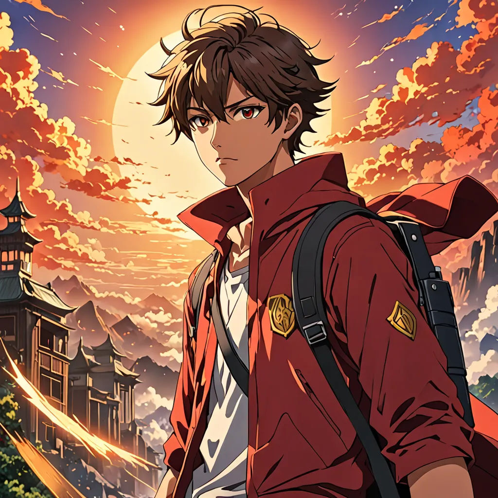 a man with a backpack standing in front of a sunset and clouds with a castle in the background and a red sky, dau-al-set, poster art, Ai-Mitsu, anime key visual