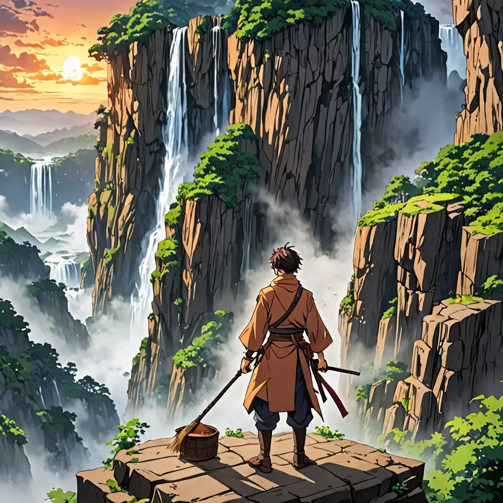 a man standing on a cliff with a sword and a bucket of water in his hand, looking at a waterfall, fantasy art, a detailed matte painting, Cedric Seaut (Keos Masons), ufotable