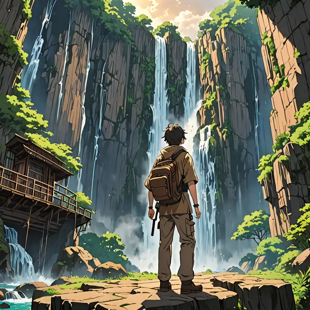 a man with a backpack standing on a cliff looking at a waterfall and a bridge in the distance with a bridge in the foreground, visual art, poster art, Cedric Seaut (Keos Masons), anime key visual