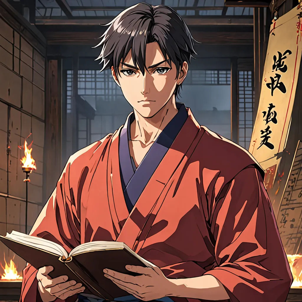 a man in a kimono reading a book in a room with fire burning behind him and a lantern in the background, sots art, a character portrait, Baiōken Eishun, official art