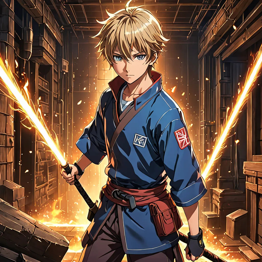 a man in a blue outfit holding two swords in a room with fire coming from it and a fire coming from the ceiling, rayonism, a character portrait, Baiōken Eishun, anime key visual