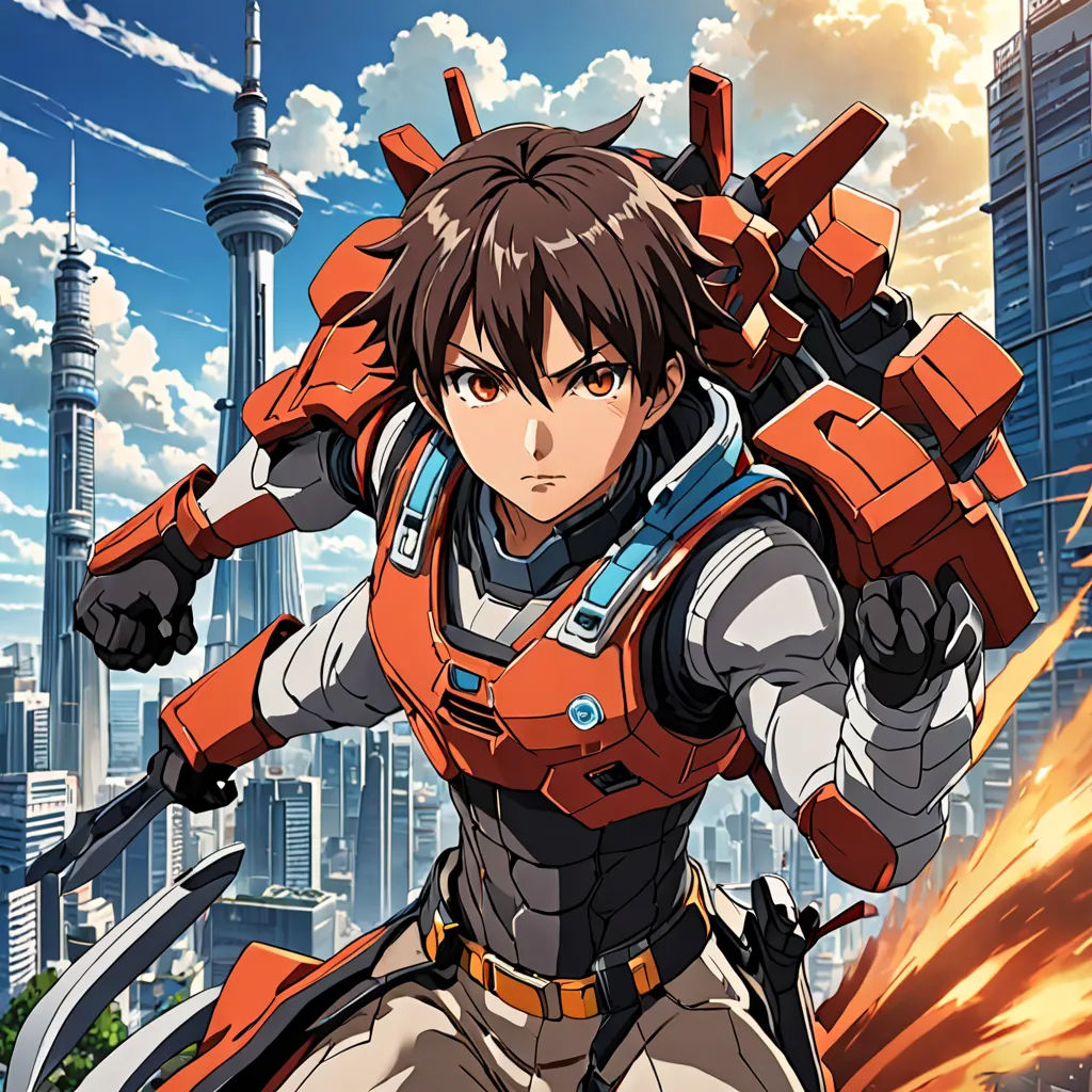 a man in a sci - fil suit with a gun in his hand and a city in the background, dau-al-set, poster art, Ai-Mitsu, anime key visual