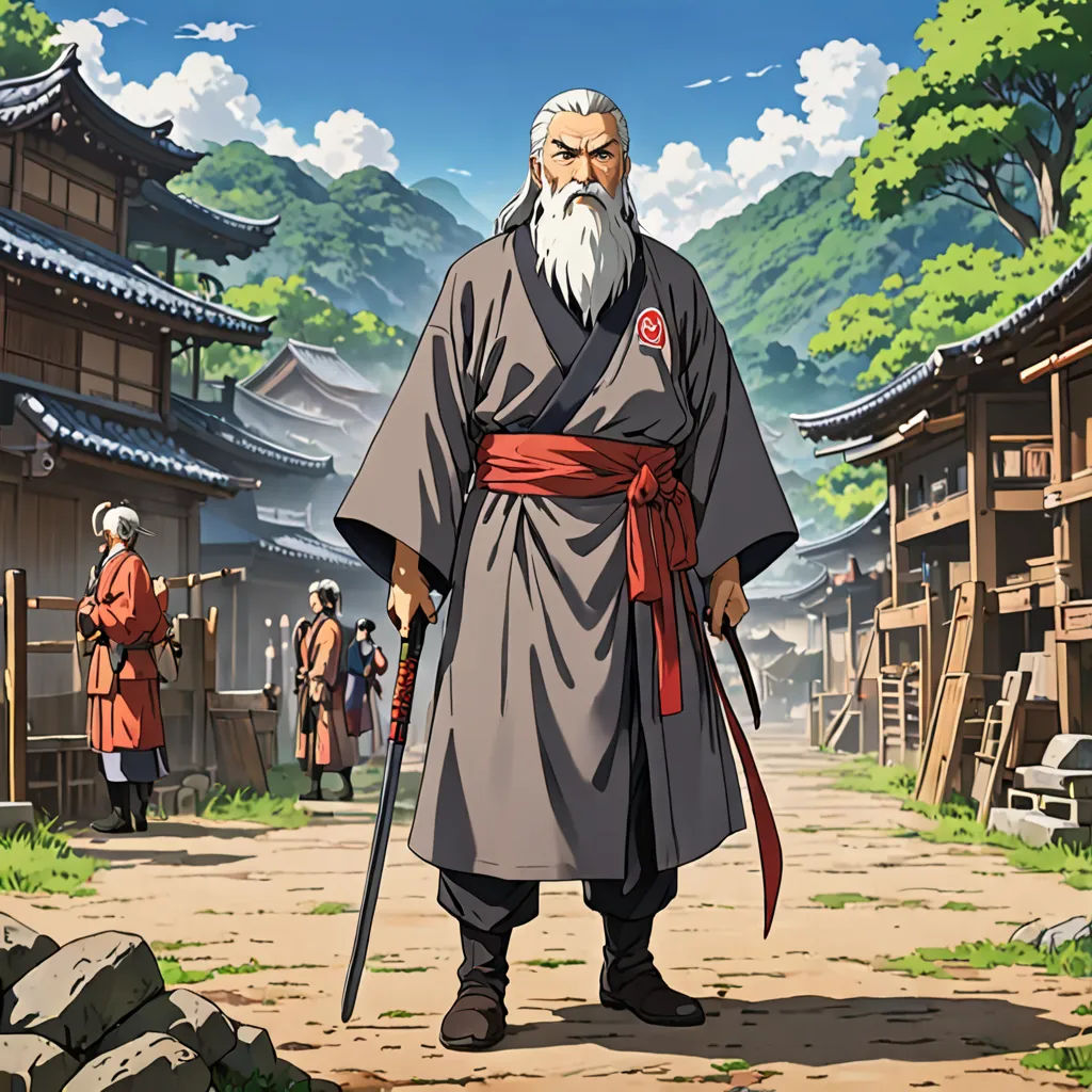 a man with a long white beard and a long white beard wearing a gray robe and holding a red ribbon, ukiyo-e, a character portrait, Baiōken Eishun, official art