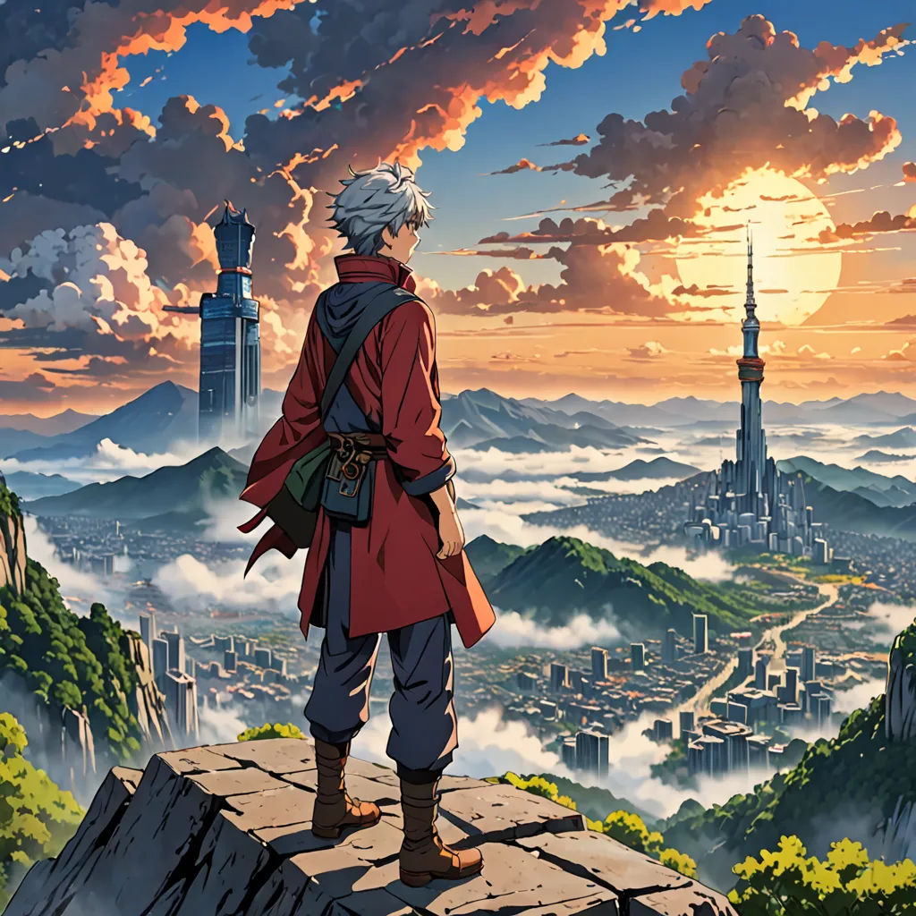 a man standing on top of a cliff looking at a city below him with a sky background and clouds, fantasy art, a detailed matte painting, Akihiko Yoshida, anime key visual