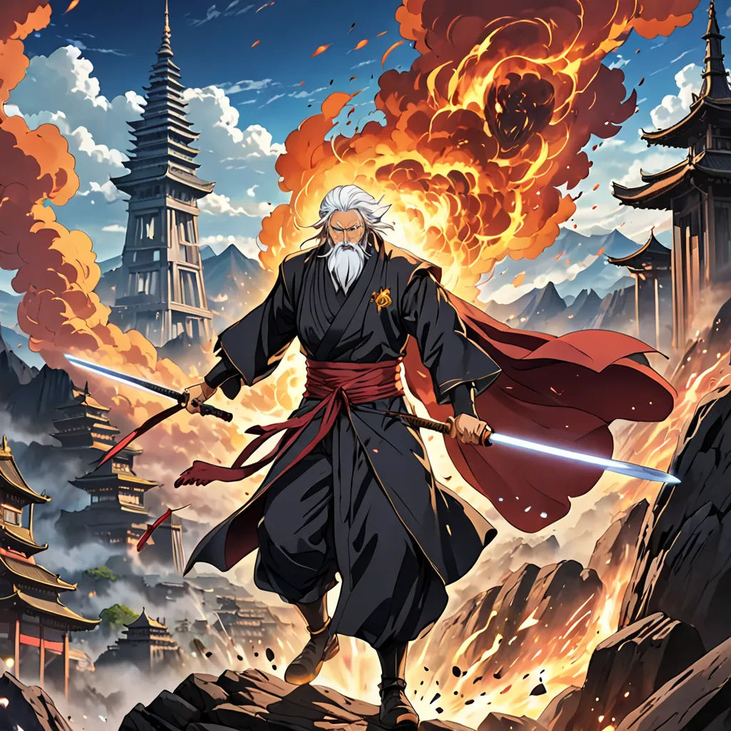a man with a sword standing on a rock in front of a fire and smoke tower with a sky background, fantasy art, concept art, Baiōken Eishun, official art