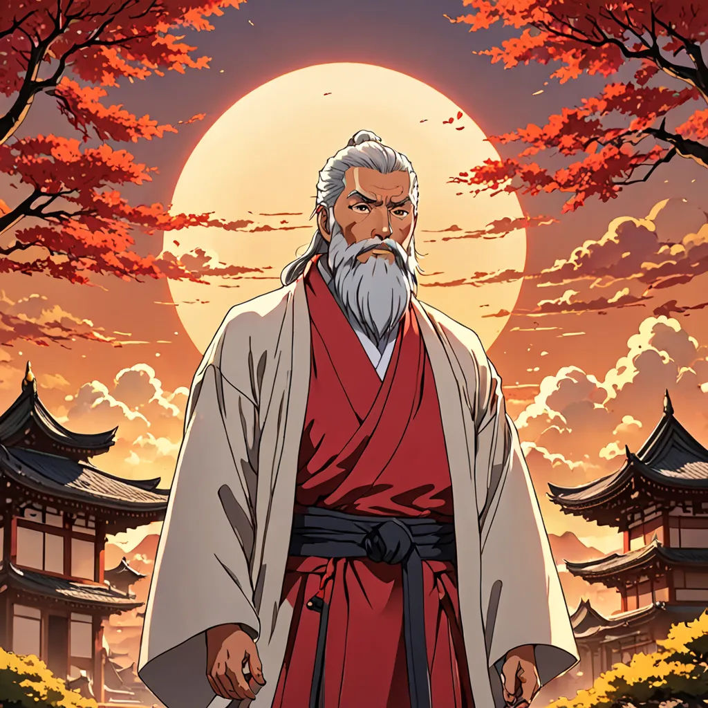 a man with a beard and a long white beard in a red robe standing in front of a sunset, ukiyo-e, a character portrait, Baiōken Eishun, official art