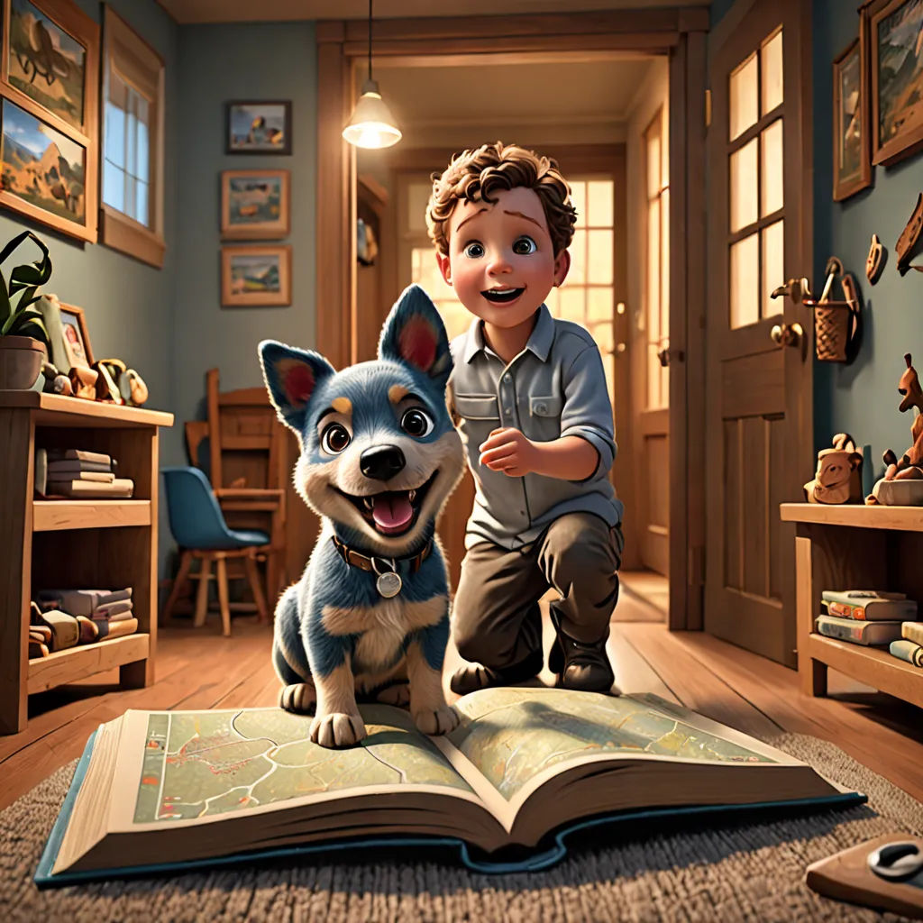 a boy and a dog are sitting on a book in a room with a rug and a lamp on the wall, photorealism, a storybook illustration, Chris LaBrooy, pixar style