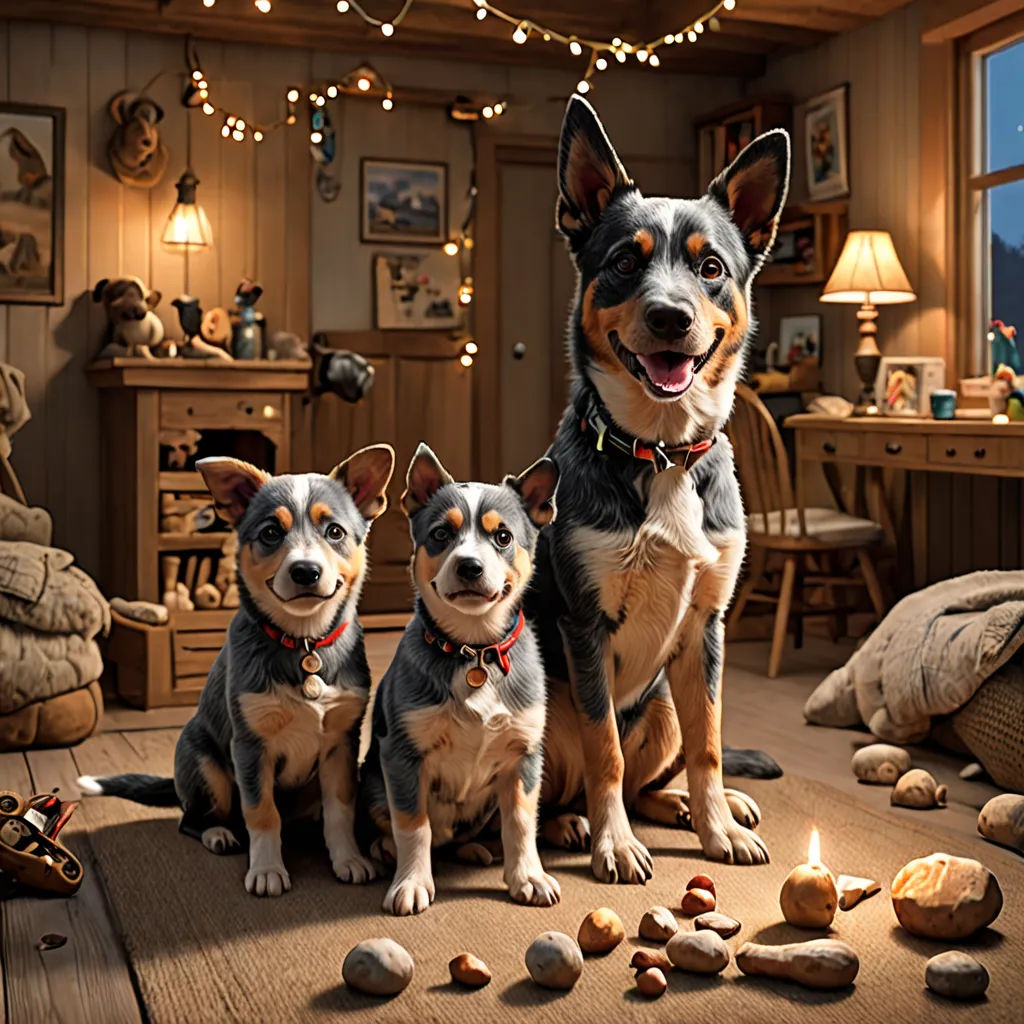 three dogs sitting on a wooden floor in a room with a string of lights and a teddy bear on the floor, photorealism, a still life, Chris LaBrooy, award - winning photography