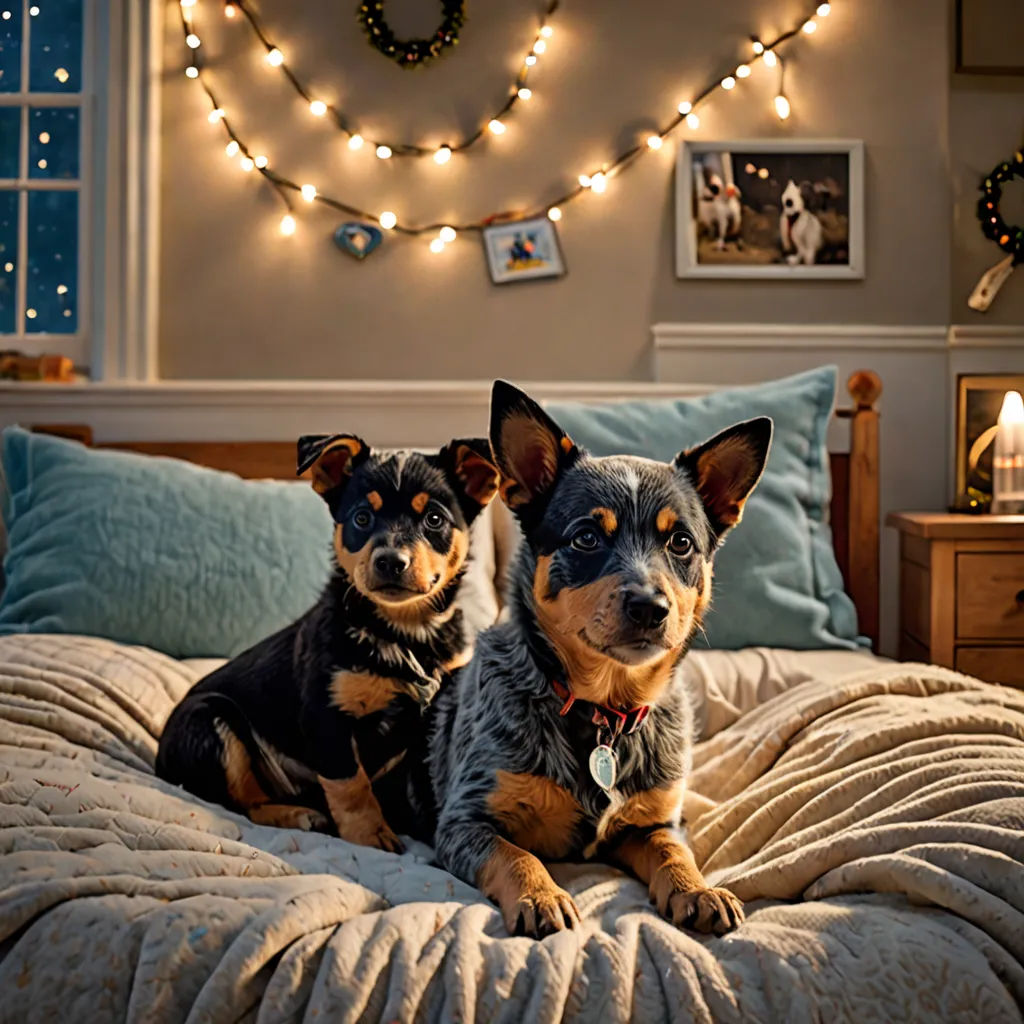 two dogs sitting on a bed with a string of lights above them and a heart shaped picture on the wall, photorealism, a stock photo, Doug Ohlson, award - winning photography